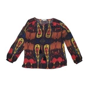 Turo by Vince Camuto Blouse Womens S Multi Dark Colors Sheer Tassel Artsy Top